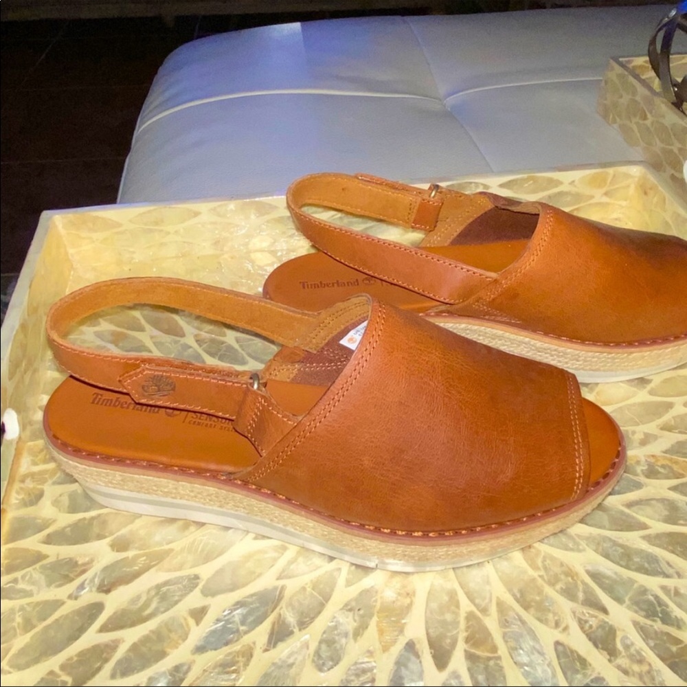 Timberland Emerson Point Peep Toe leather brown wedge sandals 6.5 new w/o box